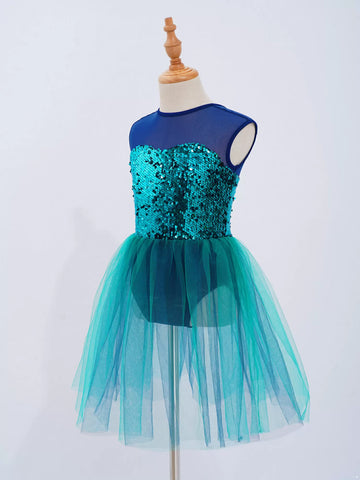 Kids Girls Sleeveless Sequins Mesh Jazz Ballet Tutu Leotard Dress