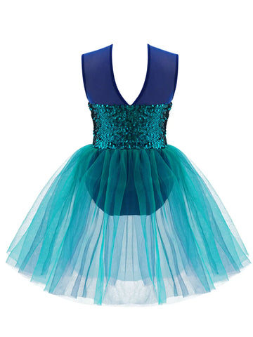 Kids Girls Sleeveless Sequins Mesh Jazz Ballet Tutu Leotard Dress