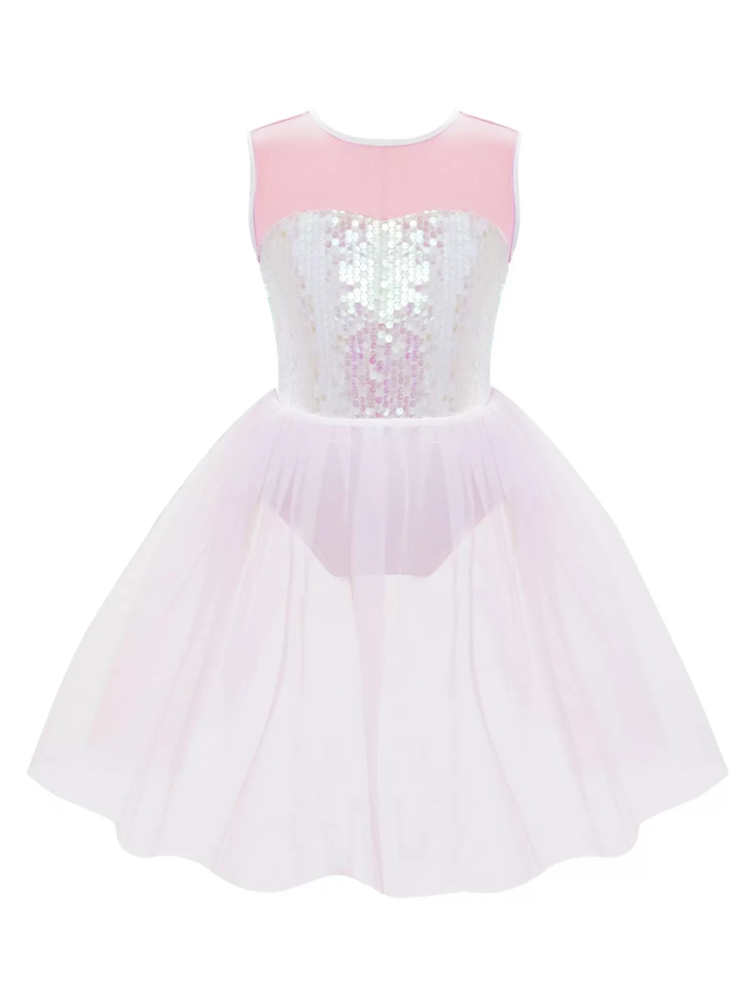 Kids Girls Sleeveless Sequins Mesh Jazz Ballet Tutu Leotard Dress