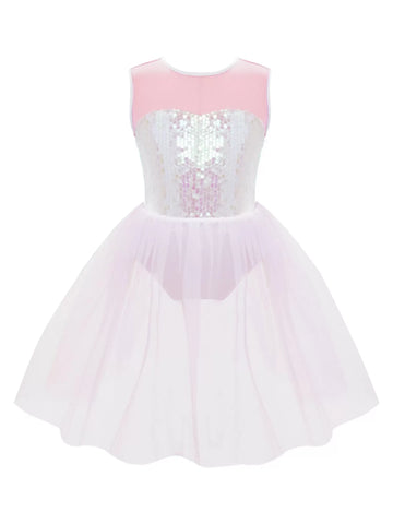 Kids Girls Sleeveless Sequins Mesh Jazz Ballet Tutu Leotard Dress