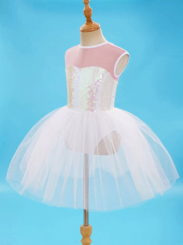 Kids Girls Sleeveless Sequins Mesh Jazz Ballet Tutu Leotard Dress