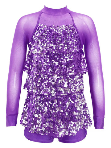 Kids Girls Long Sleeve Sequin Backless Jazz Dance Romper