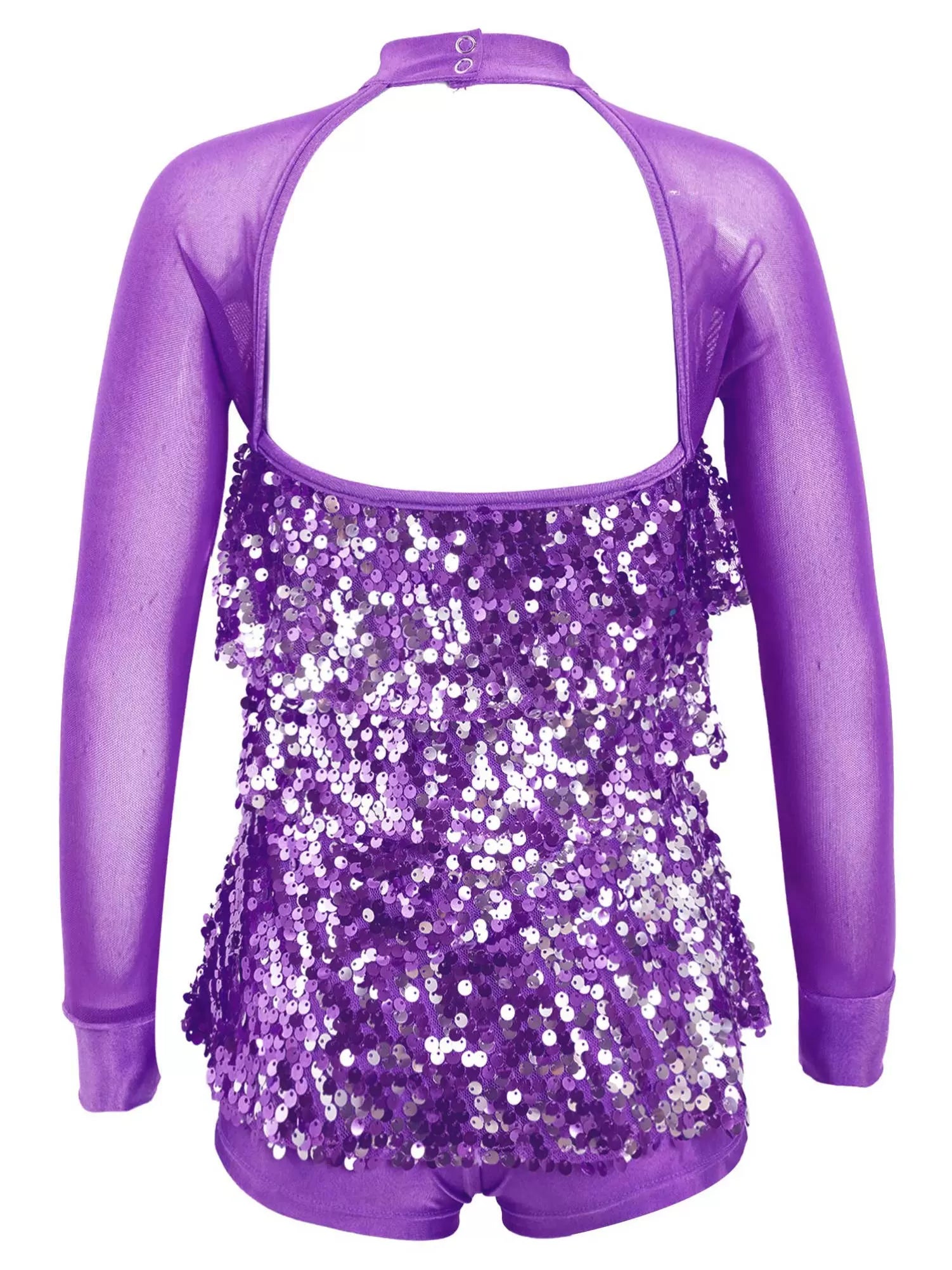 Kids Girls Long Sleeve Sequin Backless Jazz Dance Romper