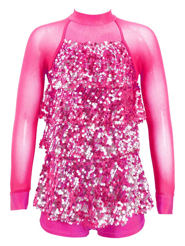 Kids Girls Long Sleeve Sequin Backless Jazz Dance Romper