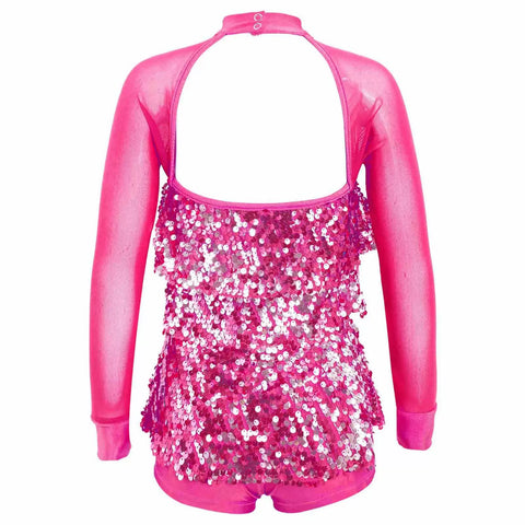 Kids Girls Long Sleeve Sequin Backless Jazz Dance Romper