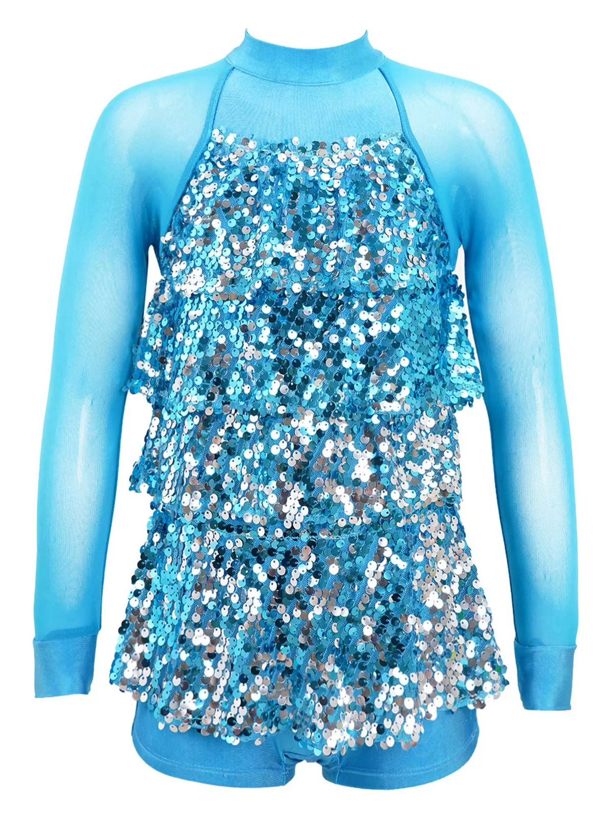 Kids Girls Long Sleeve Sequin Backless Jazz Dance Romper