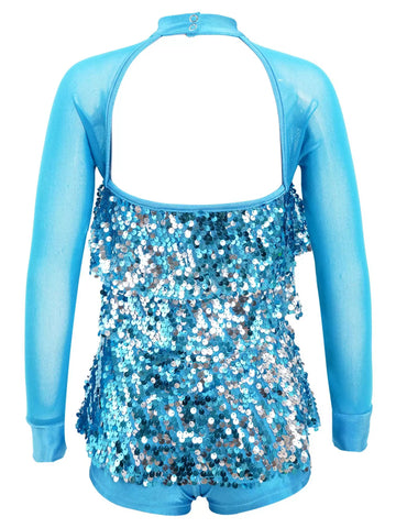 Kids Girls Long Sleeve Sequin Backless Jazz Dance Romper