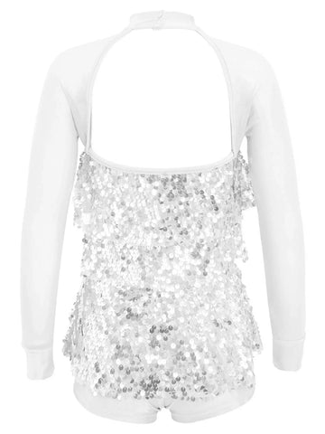 Kids Girls Long Sleeve Sequin Backless Jazz Dance Romper