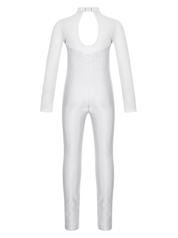 Kids Girls Long Sleeve Solid Color Rhinestone Gymnastics Unitard