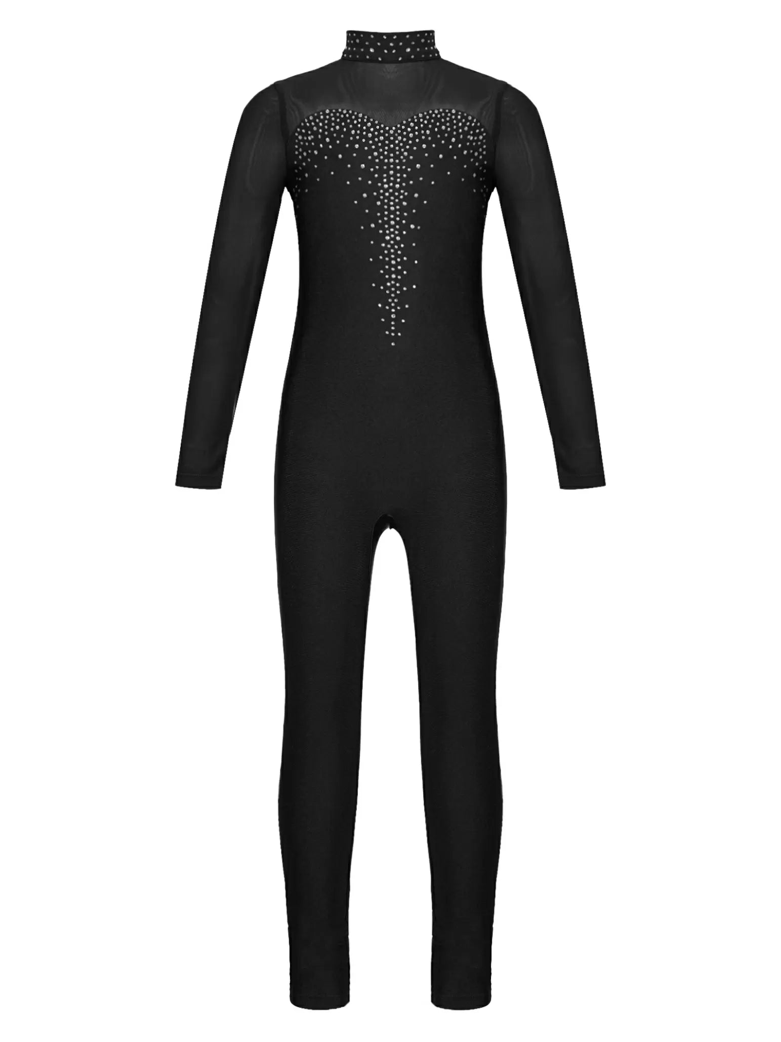 Kids Girls Long Sleeve Solid Color Rhinestone Gymnastics Unitard