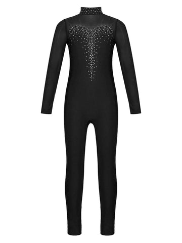 Kids Girls Long Sleeve Solid Color Rhinestone Gymnastics Unitard