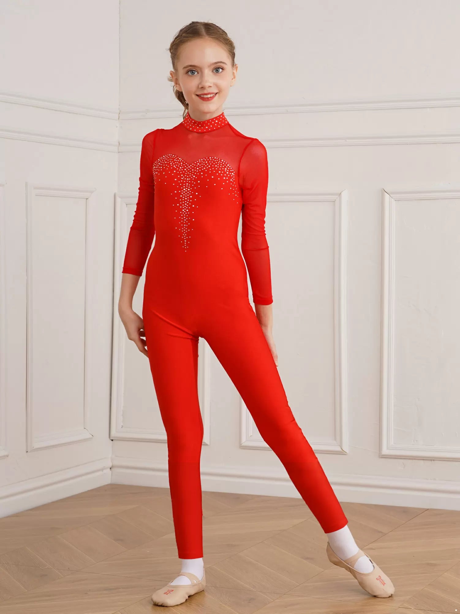 Kids Girls Long Sleeve Solid Color Rhinestone Gymnastics Unitard