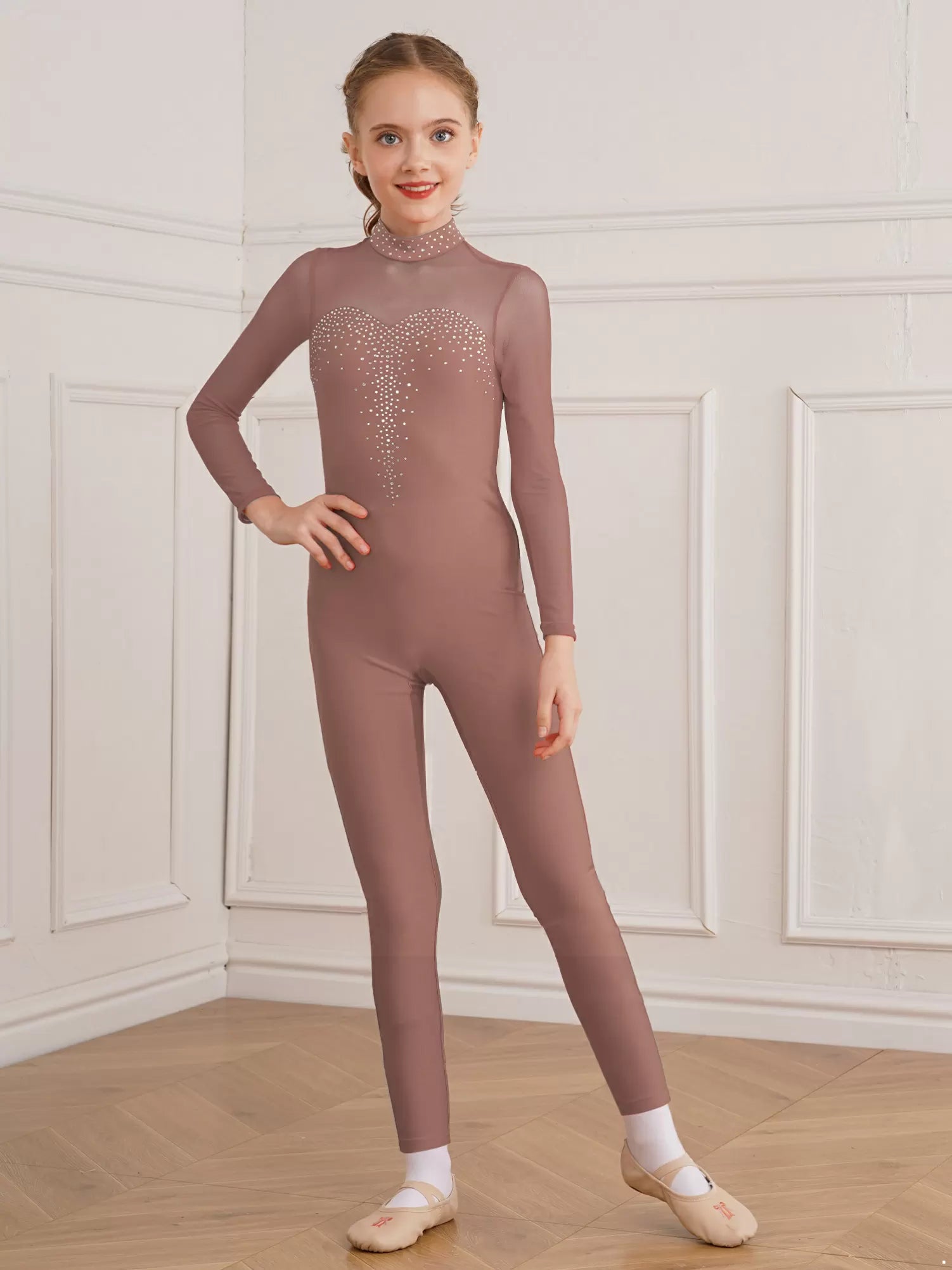 Kids Girls Long Sleeve Solid Color Rhinestone Gymnastics Unitard