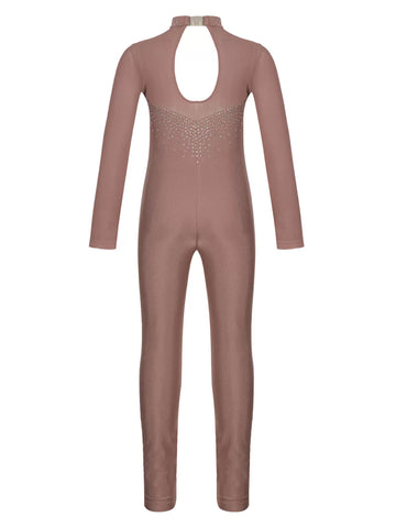 Kids Girls Long Sleeve Solid Color Rhinestone Gymnastics Unitard