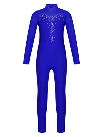 Kids Girls Long Sleeve Solid Color Rhinestone Gymnastics Unitard