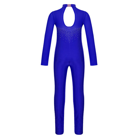 Kids Girls Long Sleeve Solid Color Rhinestone Gymnastics Unitard