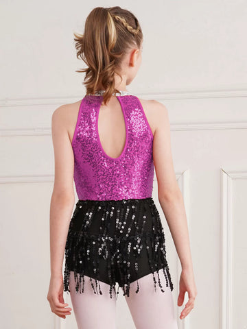 Kids Girls Sequin Tassel Sleeveless Jazz Dance Leotard