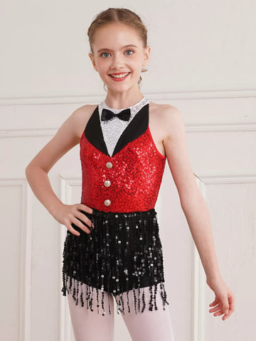 Kids Girls Sequin Tassel Sleeveless Jazz Dance Leotard