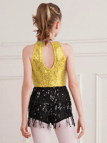 Kids Girls Sequin Tassel Sleeveless Jazz Dance Leotard