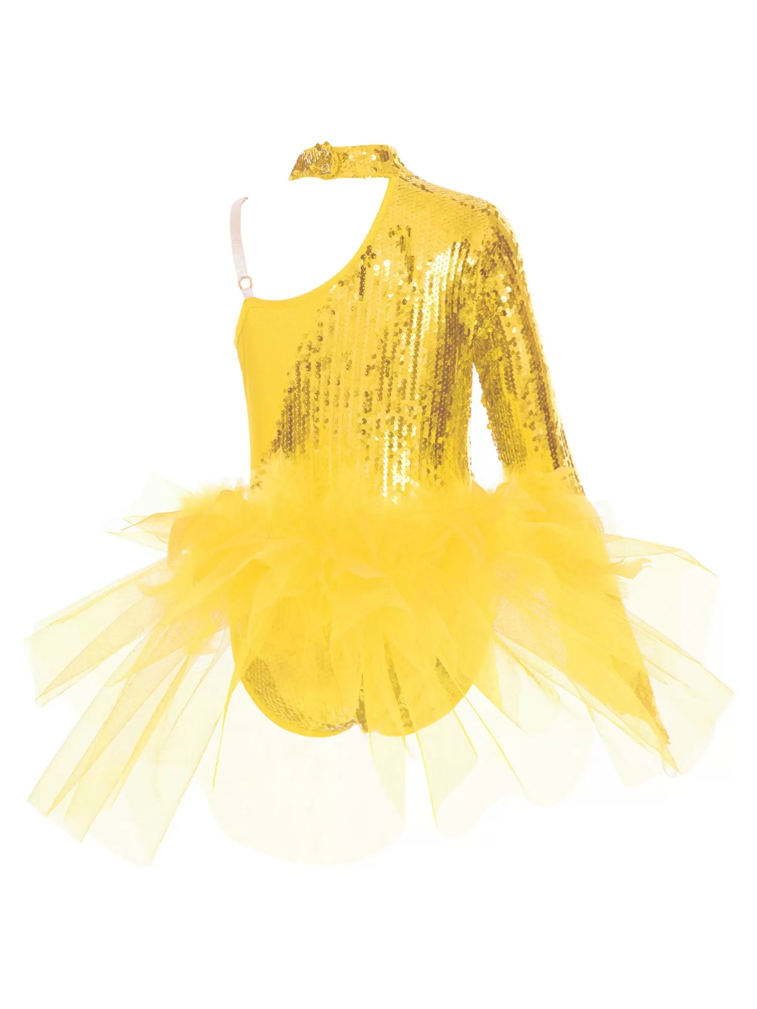 Kids Girls Sequins One Sleeve Jazz Dance Leotard with Tulle Skirt