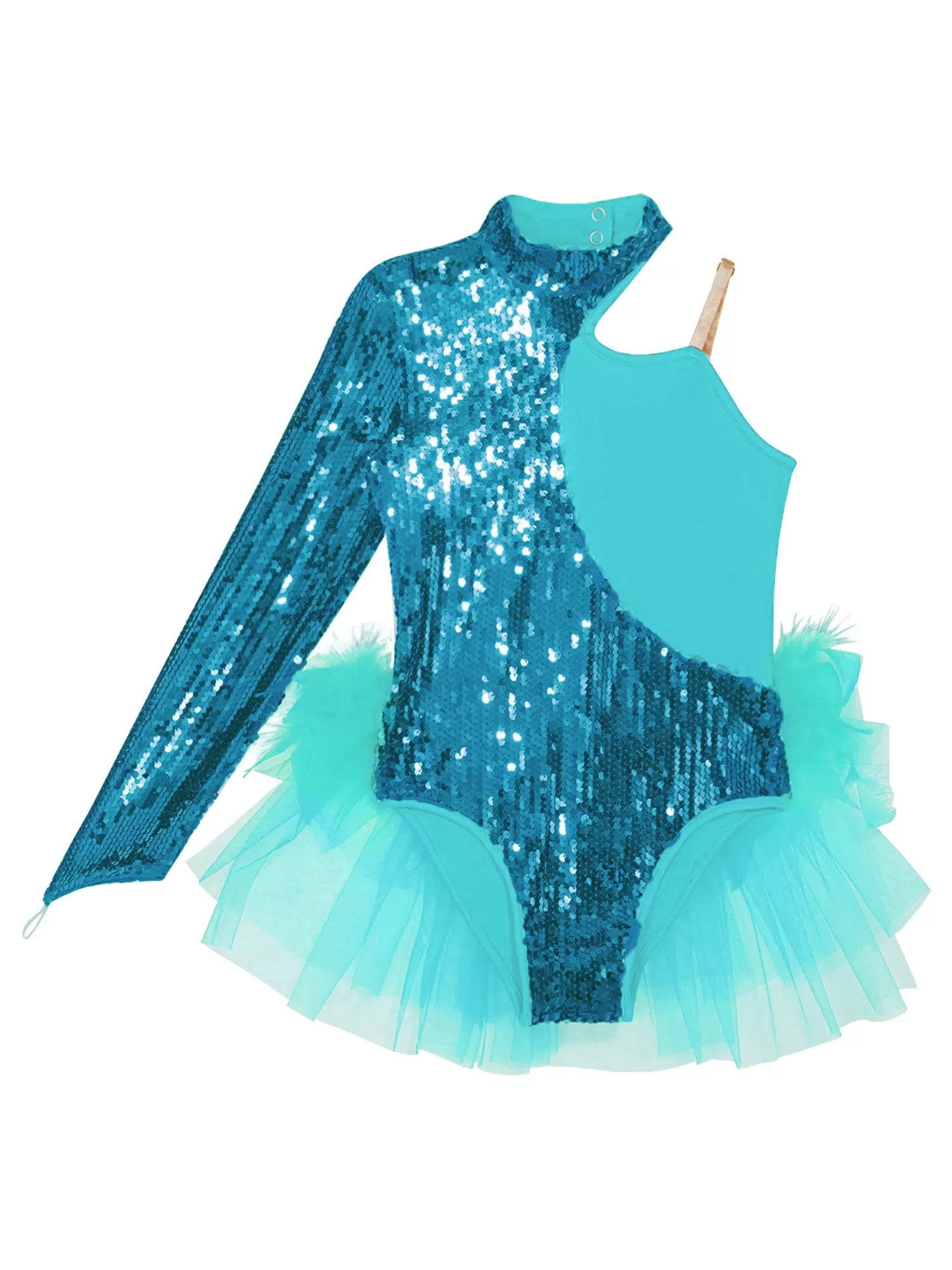 Kids Girls Sequins One Sleeve Jazz Dance Leotard with Tulle Skirt