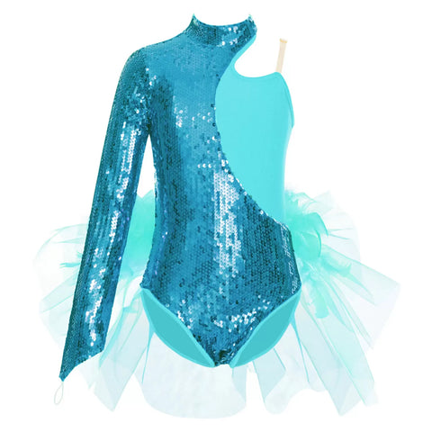 Kids Girls Sequins One Sleeve Jazz Dance Leotard with Tulle Skirt