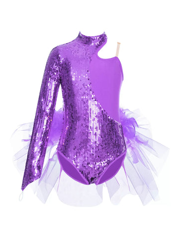 Kids Girls Sequins One Sleeve Jazz Dance Leotard with Tulle Skirt