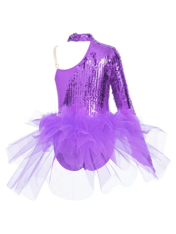 Kids Girls Sequins One Sleeve Jazz Dance Leotard with Tulle Skirt