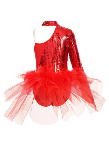 Kids Girls Sequins One Sleeve Jazz Dance Leotard with Tulle Skirt