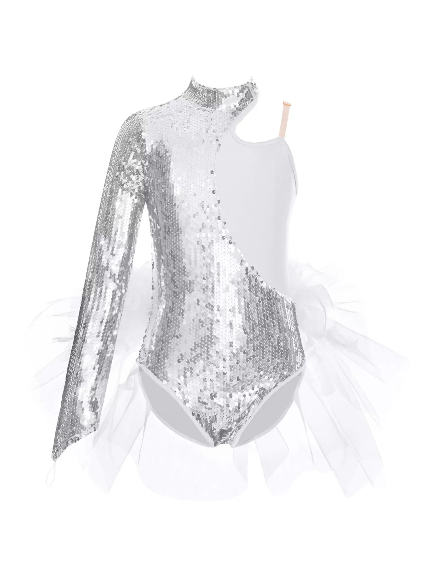 Kids Girls Sequins One Sleeve Jazz Dance Leotard with Tulle Skirt