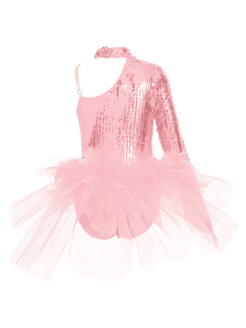 Kids Girls Sequins One Sleeve Jazz Dance Leotard with Tulle Skirt