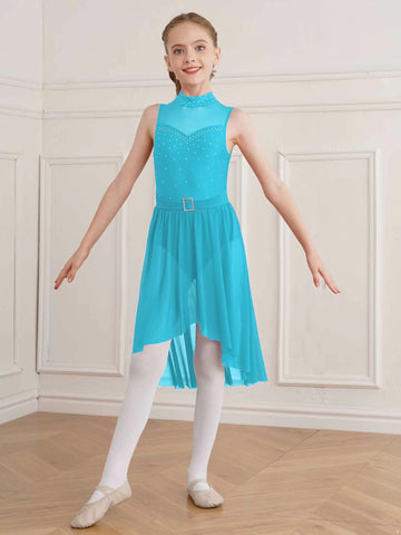 Kids Girls Hollow Back High-Low Lyrical Dance Leotard Dress