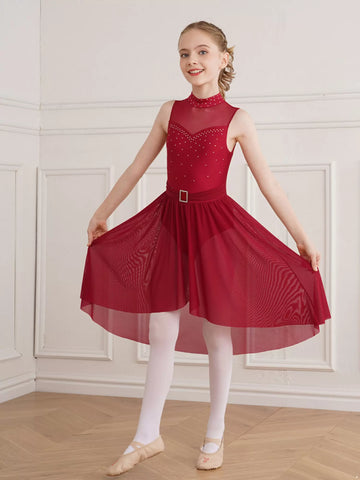 Kids Girls Hollow Back High-Low Lyrical Dance Leotard Dress