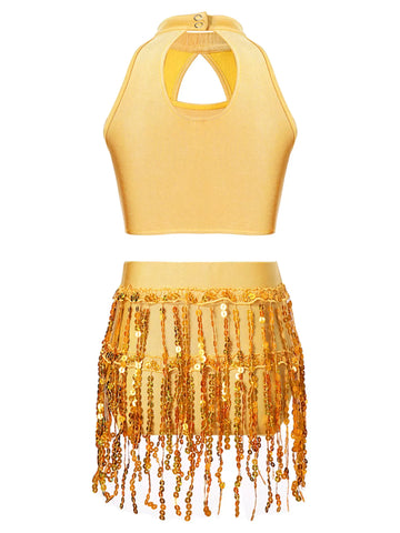 Kids Girls 2pcs Sequin Cop Top and Tassel Shorts Jazz Dance Set