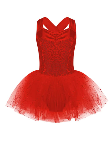 Kids Girls V Neck Sequins Crisscross Ballet Tutu Dress