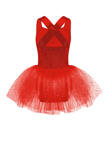 Kids Girls V Neck Sequins Crisscross Ballet Tutu Dress