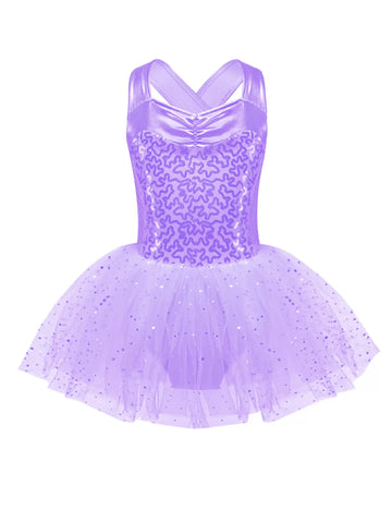 Kids Girls V Neck Sequins Crisscross Ballet Tutu Dress