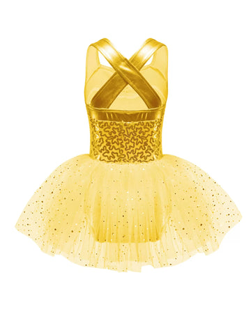 Kids Girls V Neck Sequins Crisscross Ballet Tutu Dress