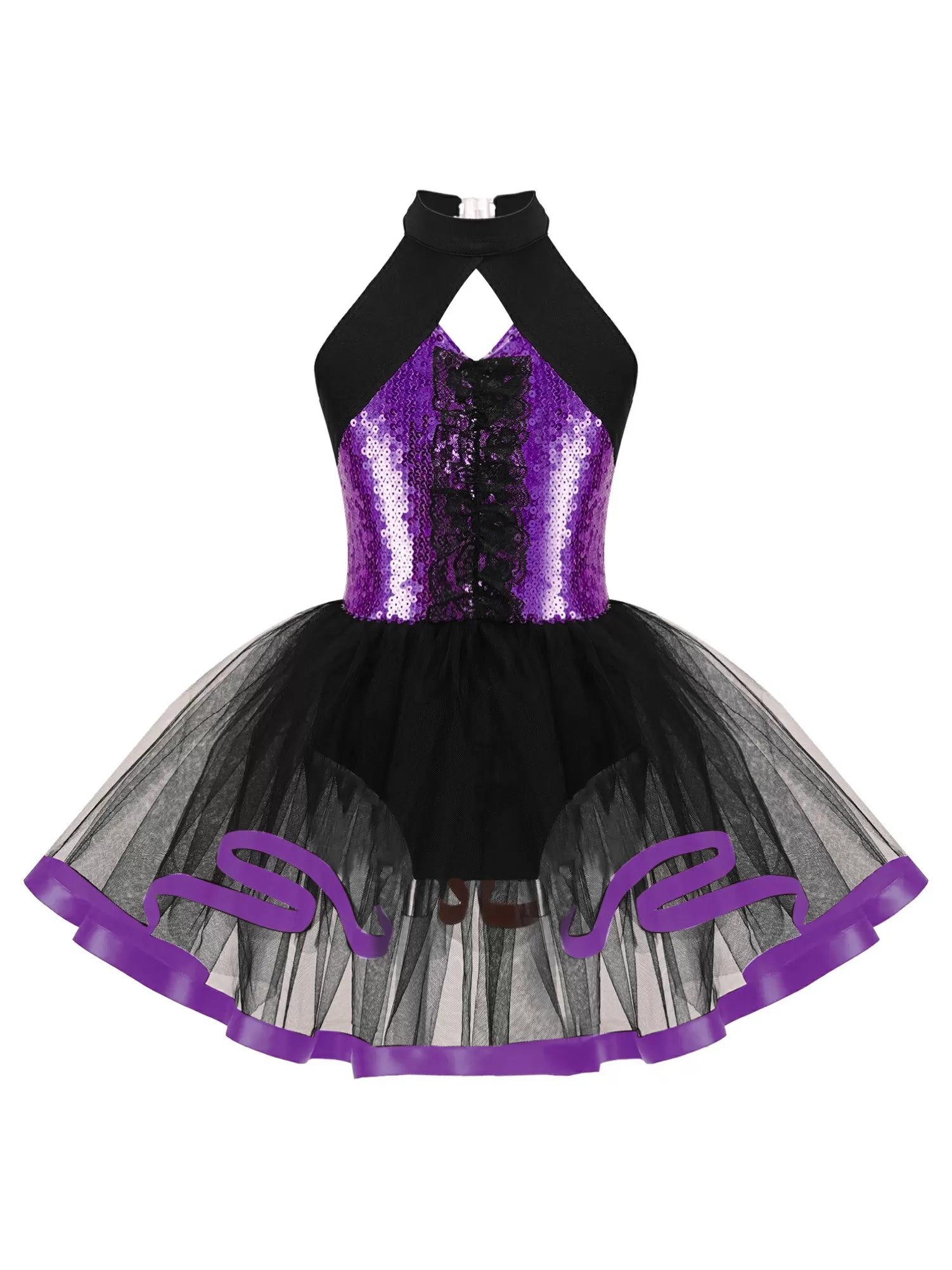 Kids Girls Halter Neck Sequins Ruffle Ballet Tutu Dress