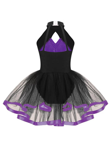 Kids Girls Halter Neck Sequins Ruffle Ballet Tutu Dress