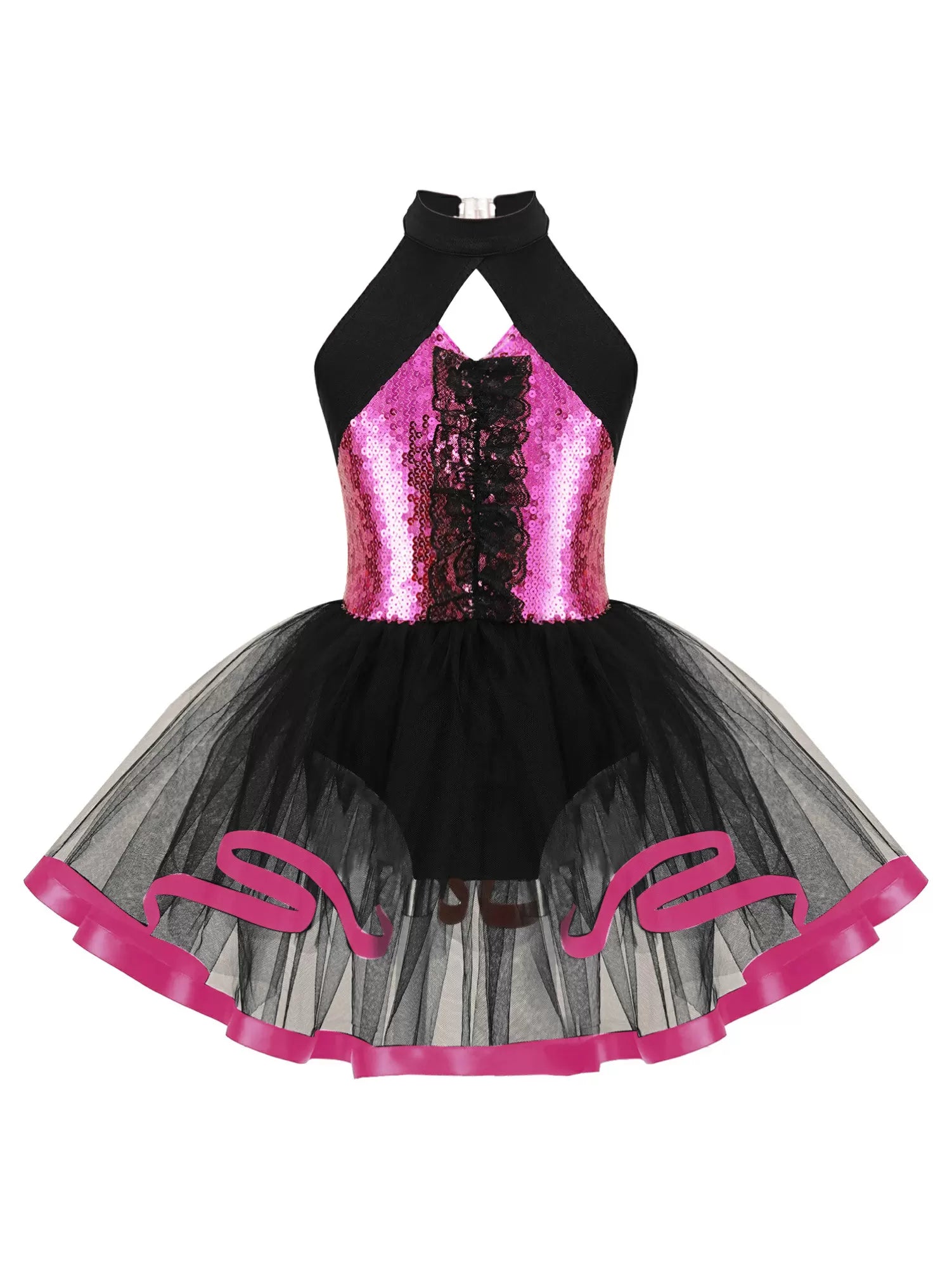 Kids Girls Halter Neck Sequins Ruffle Ballet Tutu Dress