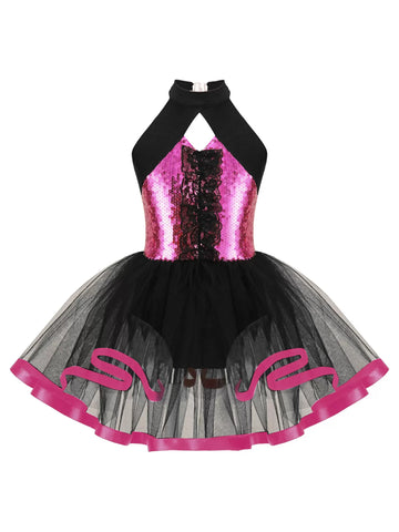 Kids Girls Halter Neck Sequins Ruffle Ballet Tutu Dress