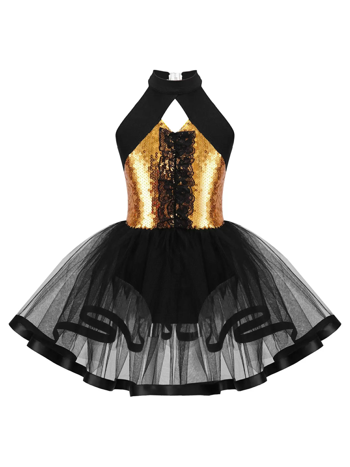 Kids Girls Halter Neck Sequins Ruffle Ballet Tutu Dress