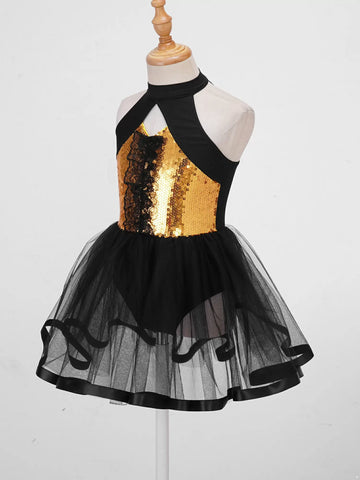 Kids Girls Halter Neck Sequins Ruffle Ballet Tutu Dress