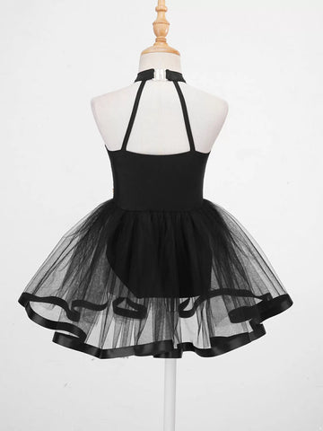 Kids Girls Halter Neck Sequins Ruffle Ballet Tutu Dress