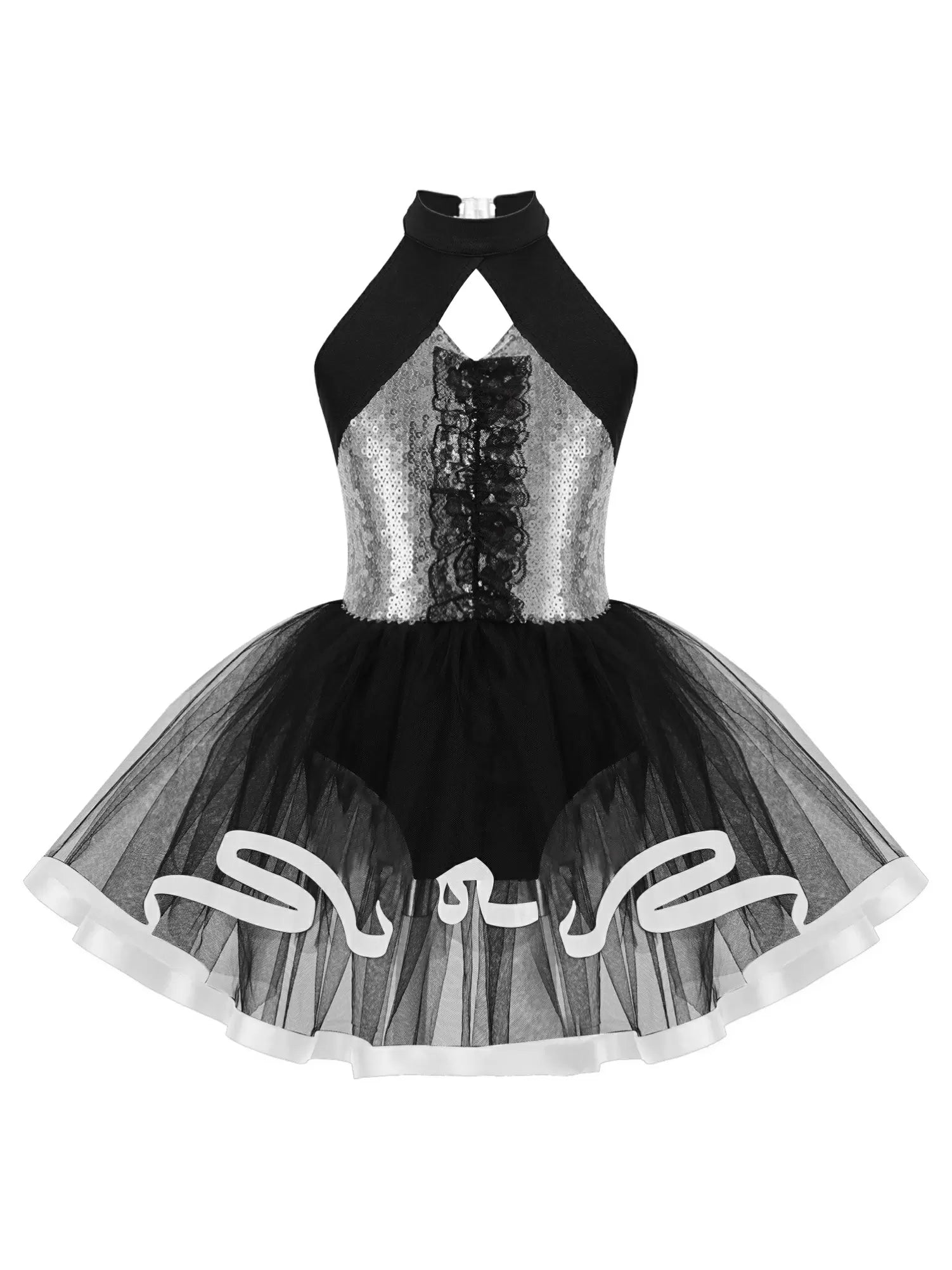 Kids Girls Halter Neck Sequins Ruffle Ballet Tutu Dress