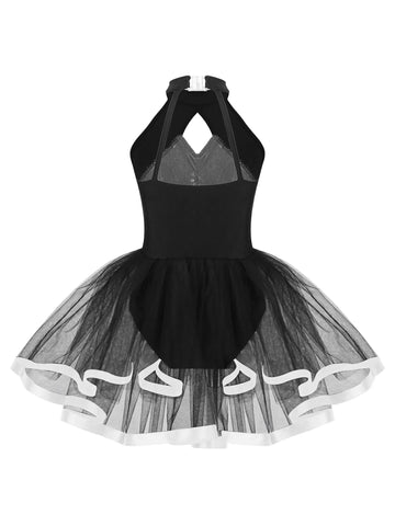 Kids Girls Halter Neck Sequins Ruffle Ballet Tutu Dress