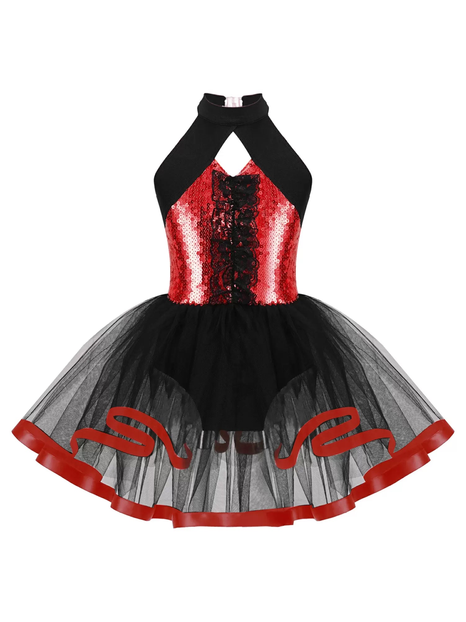 Kids Girls Halter Neck Sequins Ruffle Ballet Tutu Dress