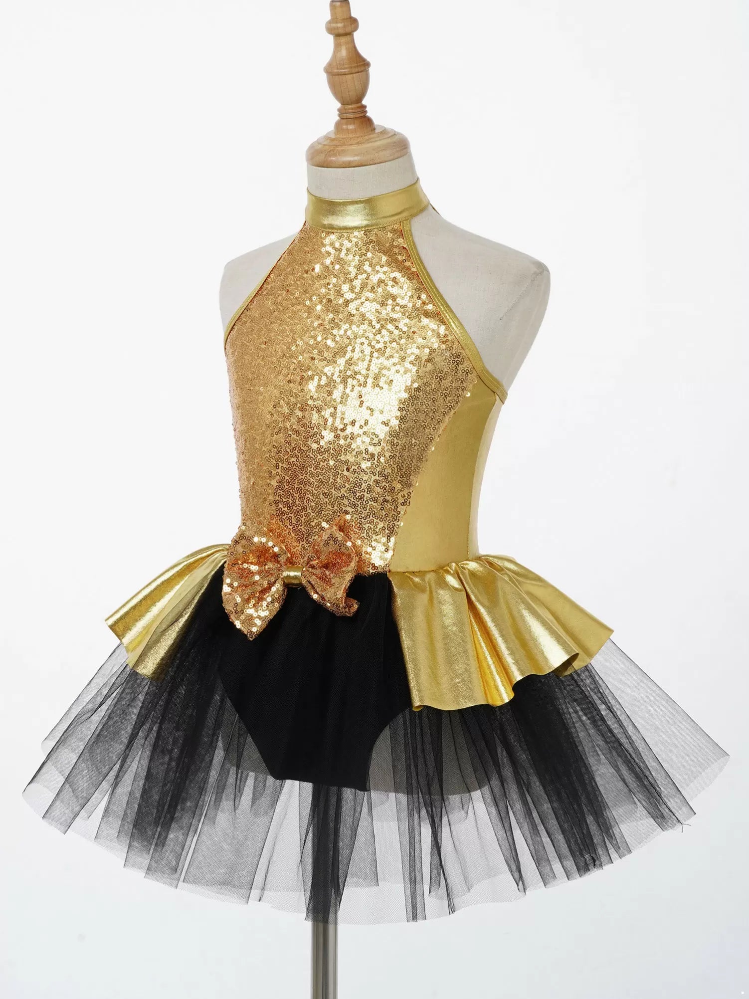 Kids Girls Halter Neck Sequins Bowknot Tulle Ballet Tutu Dress