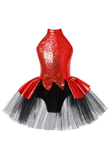 Kids Girls Halter Neck Sequins Bowknot Tulle Ballet Tutu Dress